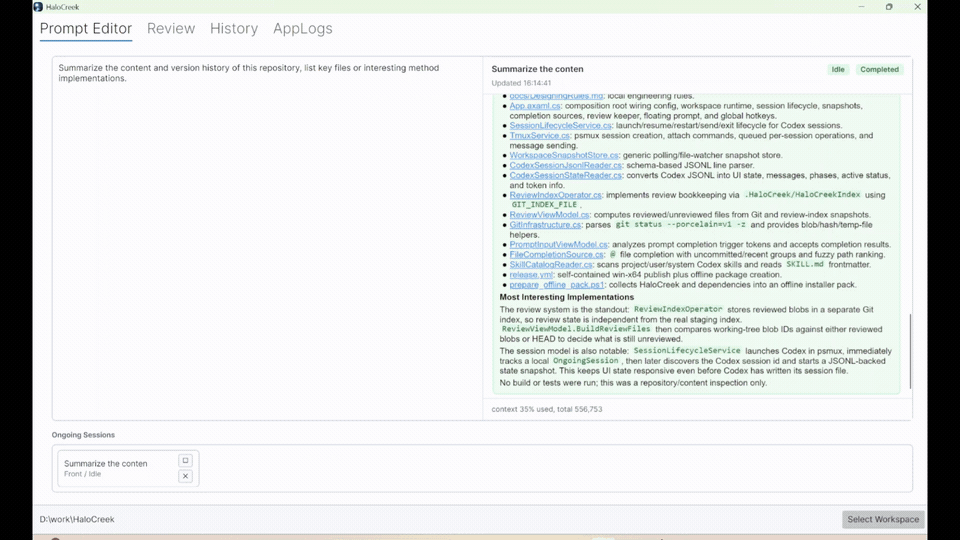 HaloCreek moving between an agent message, code, and follow-up prompt