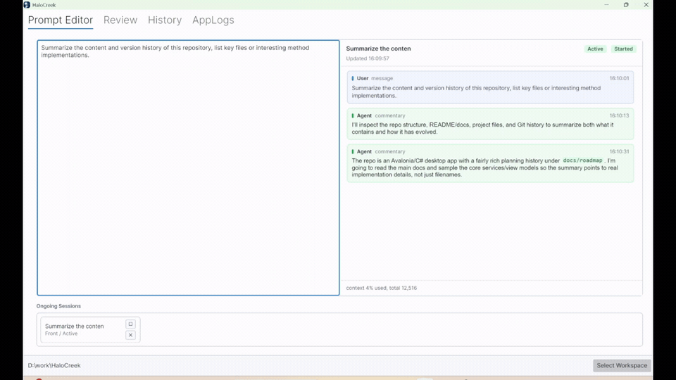 HaloCreek showing a cleaner Codex conversation view