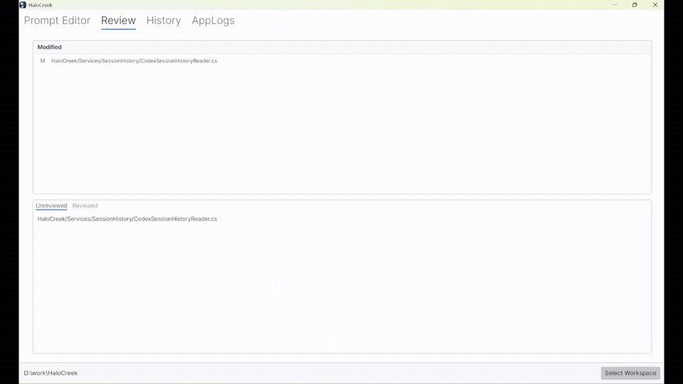 HaloCreek review and commit workflow